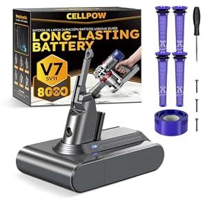 CELLPOW Upgraded 8000mAh V7 Battery Replacement Compatible with Dyson V7 Animal/ Trigger/ Motorhead/ HEPA/ Car+Boat/ Absolute / SV11 Series Cordless Vacuum Cleaner with 5 Filters (4 Pre + 1 Post)