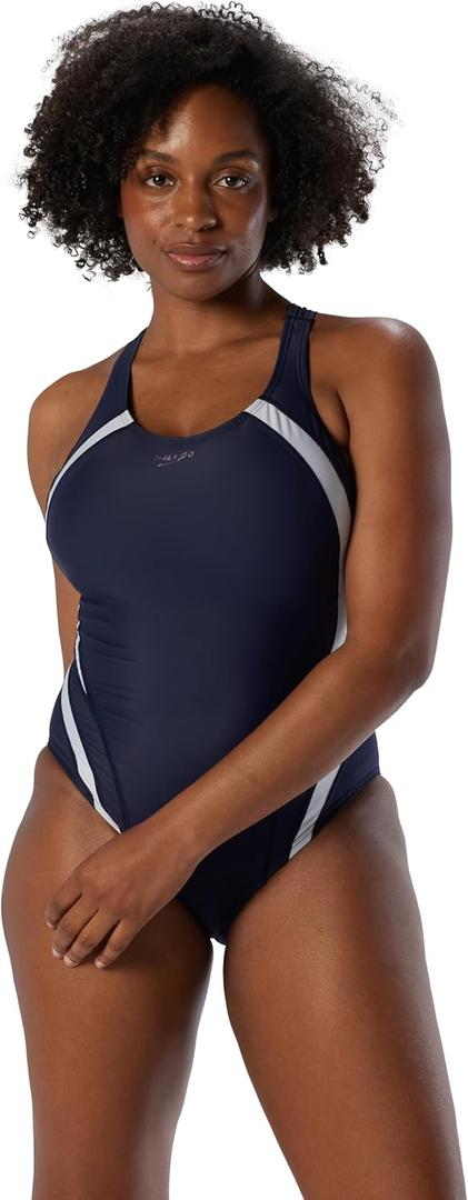 Speedo Women's Swimsuit One Piece Creora Highclo Quantum Splice High Cut Solid (10, Fusion Navy/White)