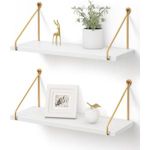 Afuly Floating Shelves, Metallic Gold White Wall Mounted Set of 2, Solid Wood Metal Chic Bookshelf for Bathroom Kitchen Bedroom (5.7"D x 16.5"W)