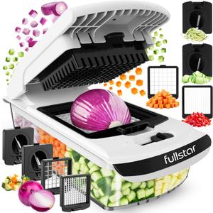 Fullstar Multifunctional Vegetable Slicer and Spiralizer - Cube Cutter - Manual Chopper for Onions, Carrots, Cucumbers, Fried Tomatoes, Potatoes - Kitchen Accessories (PRO 4-in-1, White)