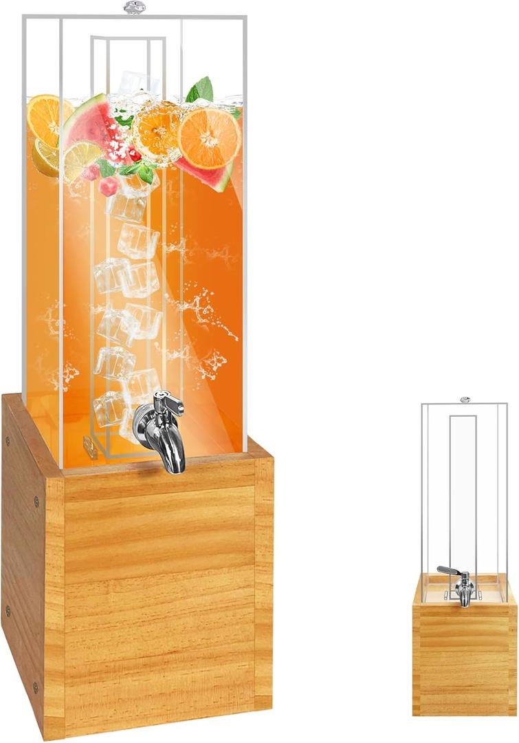 Beverage Dispenser with Stand, 2 Gallon Drink Dispenser, Drink Dispensers for Parties, Individual Ice Container (Wood)