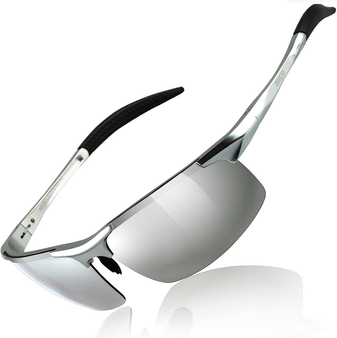 DUCO Mens Sports Polarized Sunglasses UV Protection Sunglasses for Men 8177s (Silver Frame Revo Mirror Lens)