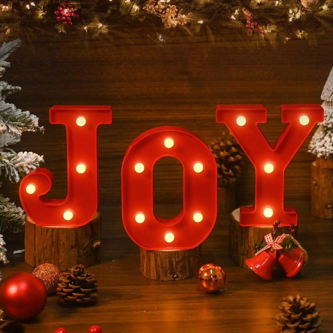 EDYCON Christmas Letter Lights Sign Table Decorations Christmas LED Light up Letters Battery Powered Letter for Home Bar Christmas Party Bedroom Tabletop Decor Gift (Joy)