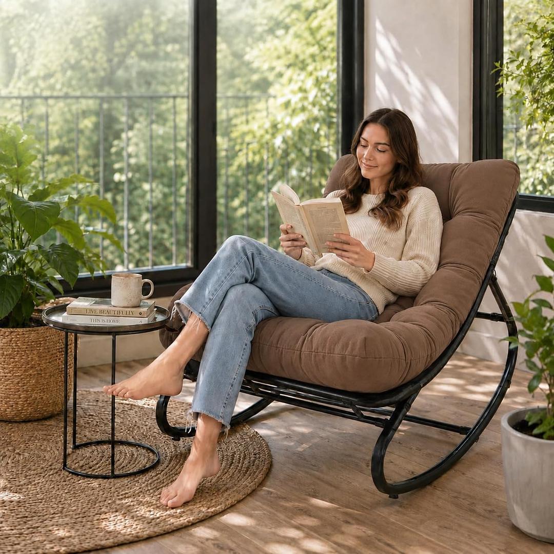 Garvee Papasan Rocking Chair, Thick Cushion, 450 lb Frame, Dark Walnut Brown, 61.02"D × 29.92"W × 32.28"H