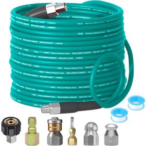 Selkie Pressure Washer Sewer Jetter Kit - 100Ft X1/4" Hydro Drain Jetter Cleaner Hose, Corner, Rotating and Button Nose Sewer Jetting Nozzle Waterproof Tape,Orifice 4.0 4.5,1/4 Inch NPT,5800 PSI