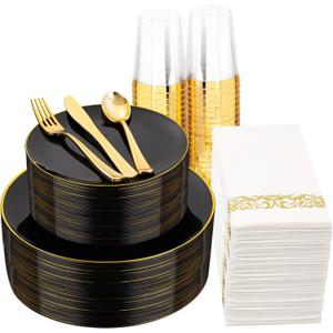 Supernal 350pcs Black & Gold Plastic Dinnerware Set, Elegant Black Plates with Golden Edges, Gold Plastic Silverware, Durable Tableware Perfect for Birthdays, Parties, Wedding, Celebration