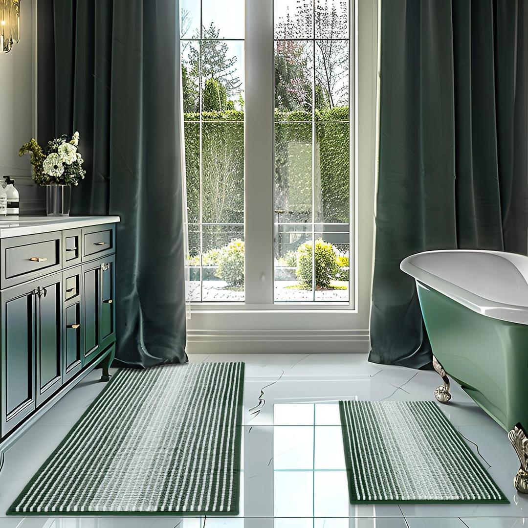 Bathroom Rugs and Mats Sets, 2 Piece Thick Absorbent Chenille Bath Mat Rug Set Non Slip, Soft Shaggy Bath Room Floor Mats for Bathroom, Machine Washable (Hunter Green, 20" x 47" Plus 16" x 24")