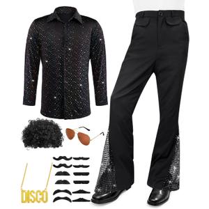 Mepase 70s Disco Boys Kids Outfit Costume Bell Bottom Pants Disco Shirts for Halloween Dress Up (11-12 Years, Black)