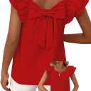 Womens Bow Tie Back Tops Round Neck Ruffle Short Sleeve Shirts Cute Babydoll Chiffon Tee Women Summer Trendy Tunic (Large, Red)