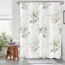 Spring Pink Floral Shower Curtain, Weighted Bottom Sage Green Eucalyptus Leaf Watercolor Botanical Plants with Gold Branches Fabric Bathroom Curtain Home Decor Waterproof Washable with 12 Hooks
