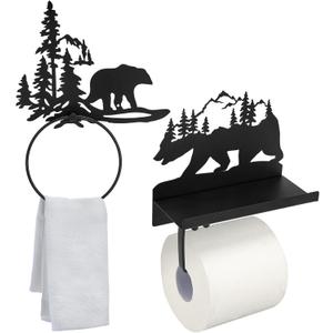 Funrous 2 Pcs Bear Toilet Paper Holder Bear Towel Ring Holder for Bathroom Black Bathroom Cabin Decor Holders with Shelf Rustic Wall Mount Forest Farmhouse Towel Rack for Home Kitchen