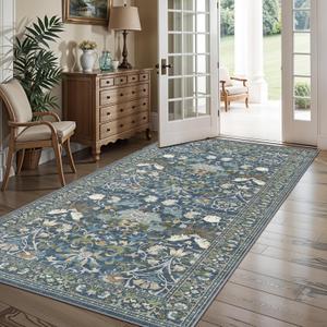 4x8 Washable Kitchen Area Rug: Farmhouse Stain-Resistant Elegant Floral Rug for Living Room Bedroom Wide Soft Carpet for Entryway Bathroom Thin Hallway Floor Mat with Non Slip Backing (4x8, Floral/Blue)