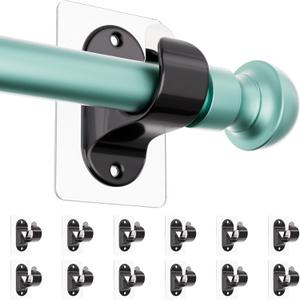 MUAKIOY Black Curtain Rod Hooks, No Drilling Self Adhesive Curtain Brackets, Adjustable Stick on Wall Curtains Pole Hangers for Bathroom, Bedroom, Livingroom, Kitchen (12 Pack)