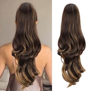 Ponytail Extension, Drawstring Ponytail Extension for Women 26 Inch Long Wavy Highlight Pony Tails Hair Extensions Synthetic Clip in Ponytail Hairpiece for Women Brown with Blonde Highlights Ponytail Extension, Drawstring Ponytail Extension for Women 26 Inch Long Wavy Highlight Pony Tails Hair Extensions Synthetic Clip in Ponytail Hairpiece for Women Brown with Blonde Highlights