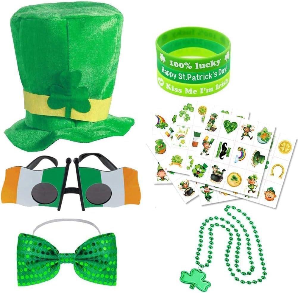 79 Pieces St. Patrick's Day Costume Accessories Kit with Shamrock Beads Necklace Hats Sunglasses Bracelets Temporary Tattoos Bow Tie for Men or Women St. Patrick's Day Party Favor Set