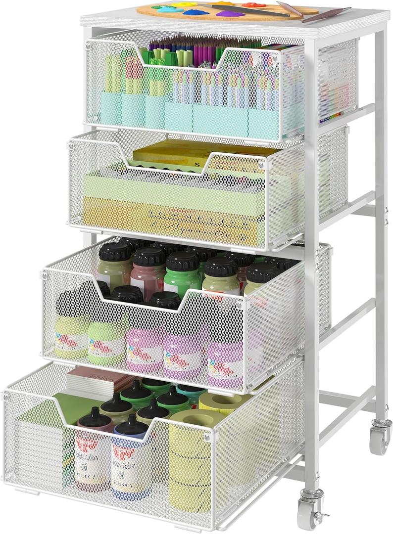 White Metal Rolling Utility Cart with 4 Drawers, Art Supply Storage Organizer, Craft Cart, Art Cart, Rolling Storage Cart Organizer for Classroom,Office,Make-up,Kitchen,Bedroom