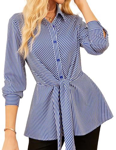 GRACE KARIN Peplum Tops for Women Tie Front Striped Button Down Shirt Collared Long Sleeve Business Casual Work Office Blouse Blue, XL