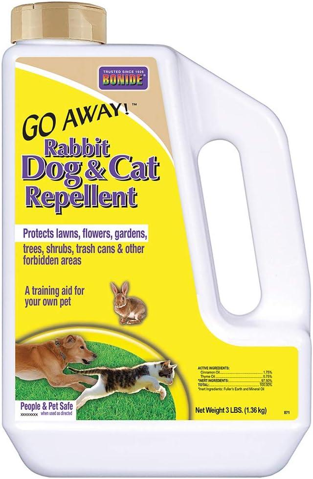 Bonide Go Away! Rabbit, Dog, & Cat Repellent Granules, 3 lbs ReadytoUse, Keep Dogs off Lawn, Garden, Mulch & Flower Beds