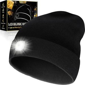 LED Beanie Hat with Light, USB Rechargeable LED Headlamp, Gifts for Men, Valentines Day Gifts for Him Adults, Birthday Gifts for Him Dad Husband, Boyfriends, Black