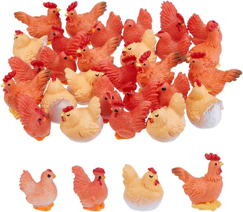 SUPERFINDINGS 32Pcs 4Styles Mini Chicken Figurines Resin 3D Hen Rooster Ornaments Chicken Cock Miniature Fairy Garden Decor Hen Micro Landscape Accessories