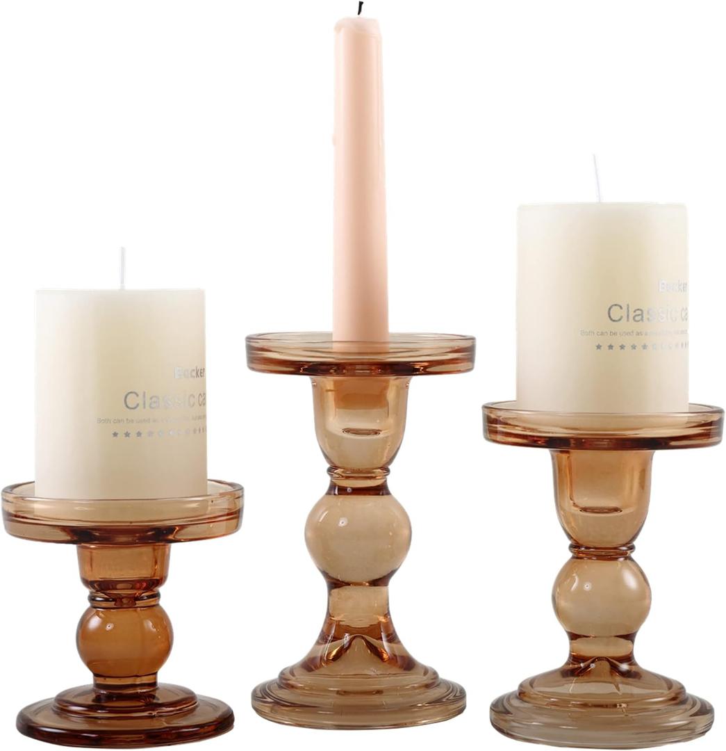GMWD 3 Pcs Glass Candle Holder Set Clear, Amber Candlesticks Holders Pillar Taper Candles Tealight Stand for Wedding Centerpieces Home Decorations Dining Table