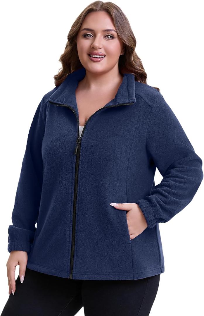 HHE Women Plus Size Fleece Jacket Zip Up Lightweight Soft Polar Fleece Jacket (Navy Blue, 2X)