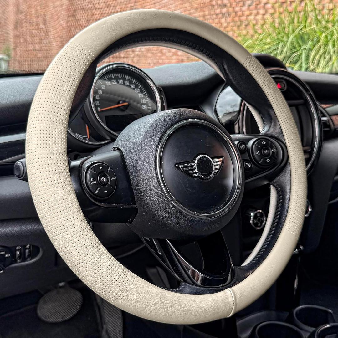 PINCTROT Nappa Leather Steering Wheel Cover, Slim Fit No Bulk Design, One Piece Leather with Breathable Perforation, Fit Like Gloves, Universal 14.5-15 Inch(Nappa Beige) (Medium(Standard) Size[14 1/2''-15''])