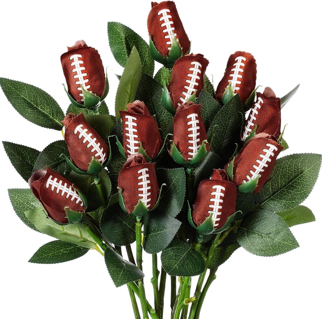 Suhine 12 Pcs Artificial Football Rose Flowers Sports Party Favors Bulk for Birthday Graduation Wedding Party Decorations Table Centerpieces Game Day Tailgate Senior Night Gift(Football Color, Normal)