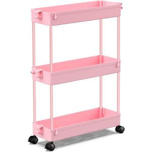 SPACEKEEPER Slim Rolling Storage Cart, 3 Tier Bathroom Organizer Utility Cart Laundry Room Organization Mobile Shelving Unit for Kitchen, Bathroom, Office, Bedroom, Narrow Places, Pink