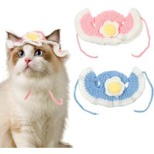 2 PCS Flower Cute Knit Pet Hat, Soft Knitted Cat Bunny Costume Halloween Easter Christmas, Small Accessory Hats for Kitten Pet Rabbits Dog Guinea Pig Daily Dress Up (Blue, Pink)