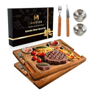 Acacia Wooden Steak Plates Board for Eating Set of 2,15.7" Meat Cutting Boards for Steak Food Serving Tray with Fork, Knife & Ramekins,Charcuterie Platter for Kitchen, BBQ & Entertaining