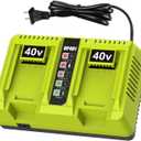 energup 2Port OP401 Charger for Ryobi 40 Volt Lithium Battery, Dual Ports Compatible with 40V OP4015 OP4026 OP4040 OP4050 OP4060, for Lith-ion Ryobi 40V Battery Charger