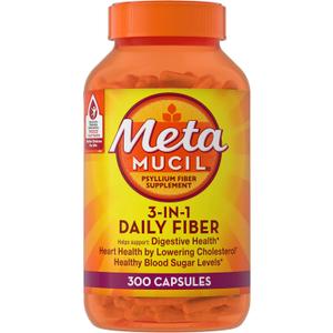 Metamucil, Psyllium Husk Capsules, 300 Capsules, 3-in-1 Fiber Supplement, Daily Psyllium Husk Fiber Capsules Help Support Digestive Health by Promoting Regularity*, Help Supplement Daily Fiber Intake Exp 04/2028