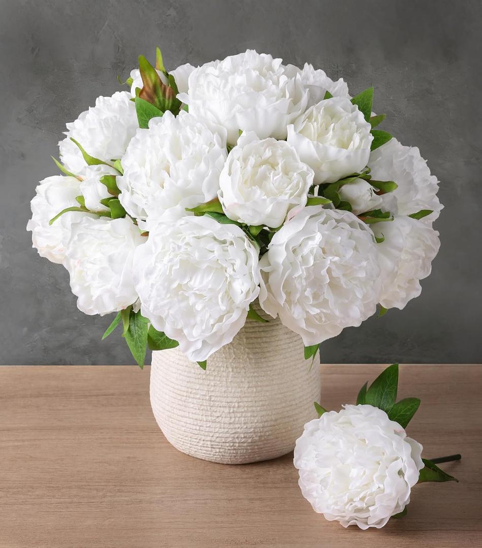 florisso White Peony Artificial Flowers - 11 Branches Silk Peonies for Home Decor, Wedding Floral Arrangements & Table Centerpieces (Silk Artificial Flowers) (Small)