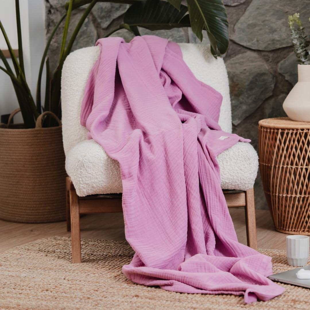 Goqan Muslin Blanket King Size 90x108 100% Turkish Cotton 4 Layer Boho Muslin Blanket for Adults, Four Season, Lightweight and Thin, Soft, Breathable for Bed, Couch - Pink