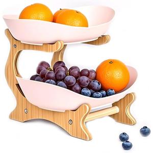 Fruit Bowl With Bamboo Wood Stand, Fruit&Vegetable Candy Dish Decor Basket for Kitchen CounterLarge Capacity Vegetable Storage Stand Snacks Rack Tray Plate Rack