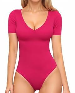 MANGOPOP Short Sleeve V Neck Bodysuits for Women, Sexy Fitted Top with Snap Closure(Rose Pink, X-X-Small)