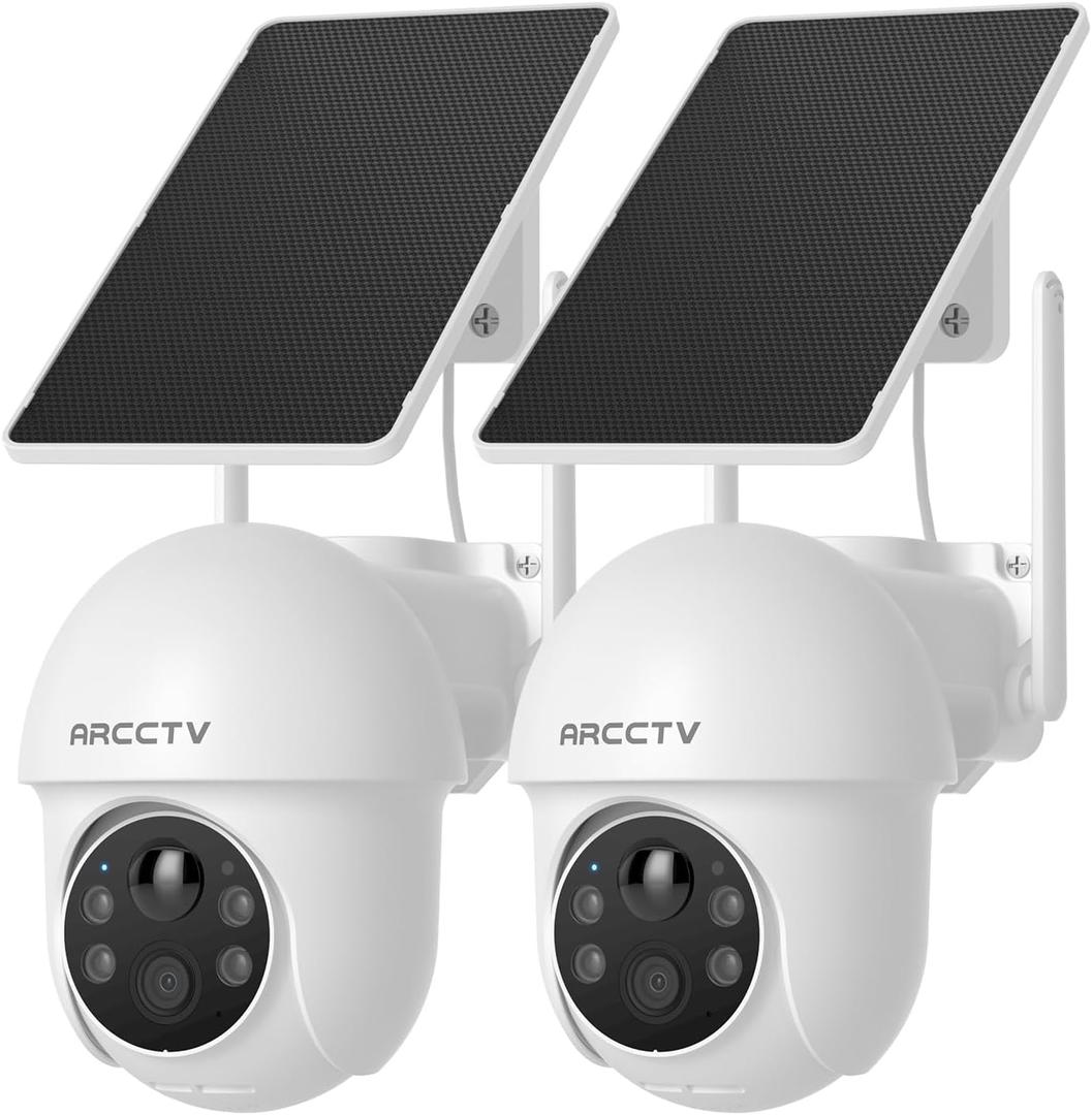 ARCCTV Solar Security Cameras Wireless Outdoor, 4MP 360 View Battery Powered Outdoor Camera, Night Vision with Spotlight, 2-Way Audio, PIR Motion Sensor, 2.4G/5G Dual Band WiFi (2 Pack)