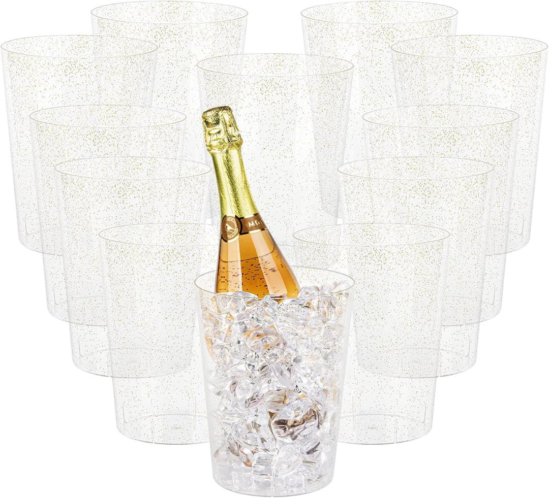 12 Pack Plastic Ice container For Parties, Gold Glitter Clear Cooler for Wedding, Good as One Large Champagne Chiller Or Classic Bottle Chiller