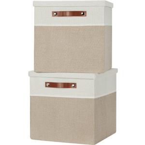 Temary Fabric Storage Bins with Lids 13 Inch Storage Cubes with Lid, Decorative Foldable Storage Boxes for Clothes, Closet Organizers (White&Khaki, 13x13x13inch)