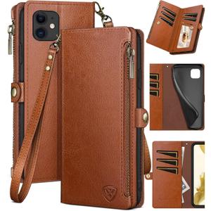 XcaseBar for iPhone 11 6.1" Wallet case with Zipper Credit Card Holder【RFID Blocking】, Flip Folio Book PU Leather Phone case Shockproof Cover Women Men for Apple 11 case Light Brown