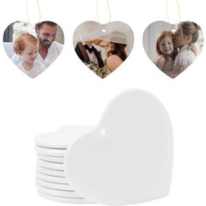 10 PCS Sublimation Blank Ceramic Ornament Heart Shaped Ornament 2.9 Inch White Heart Shapet with red String for Crafting Christmas Tree Decor for DIY Personalized Home Decor Bulk