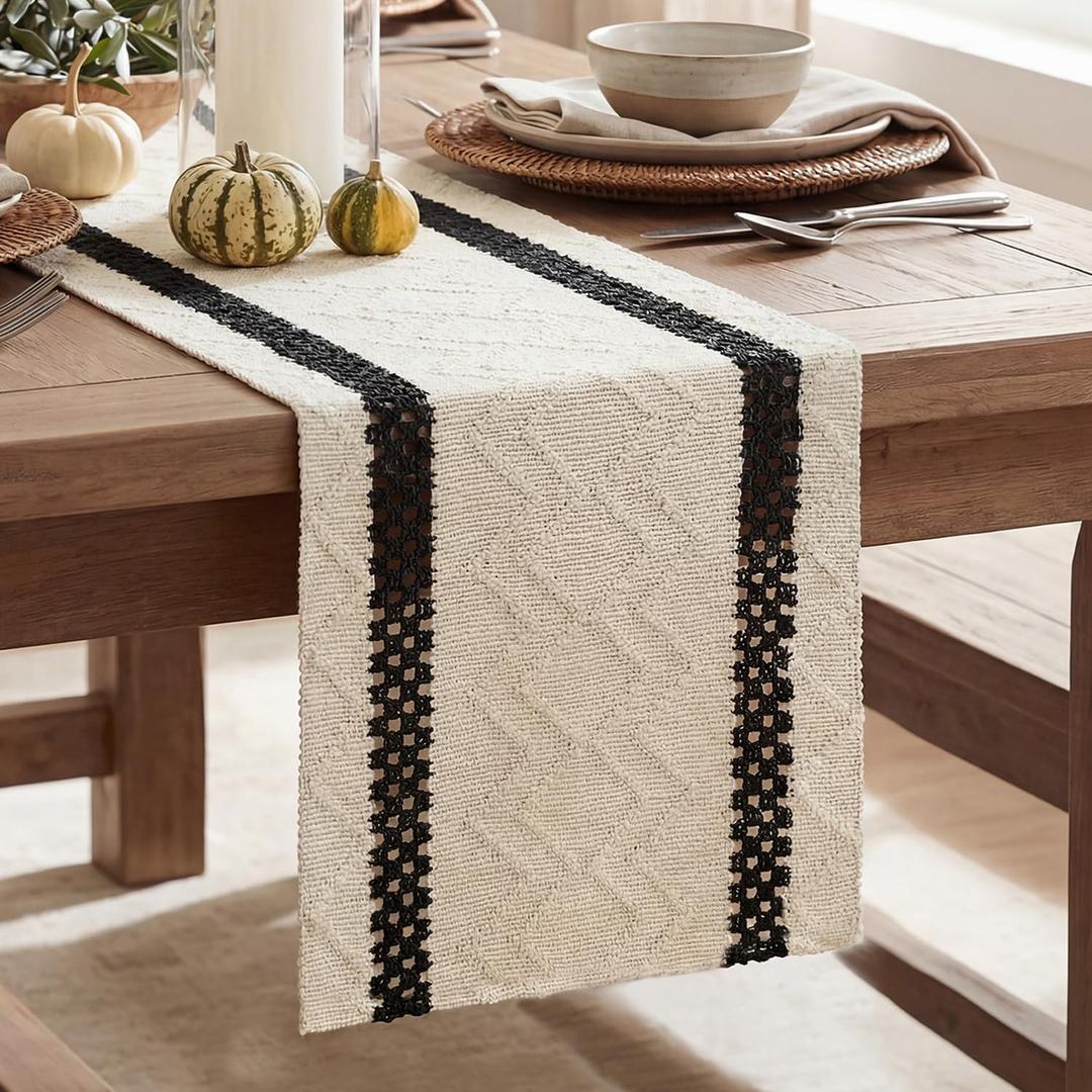 Artoid Mode Black Stripe Woven Table Runner, Seasonal Holiday Hollow Kitchen Dining Table Decoration for Home Party Decor 12x120 Inch