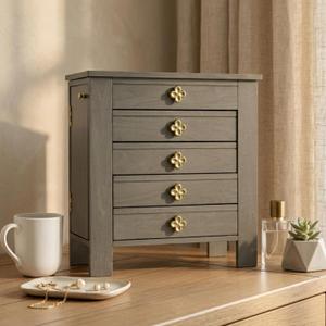 Hives & Honey Emma Wooden Jewelry Organizer - Tabletop Storage Chest with 4 Drawers, Multi-Compartment Design, Necklace Hooks, 2 Doors & Accent Knobs, Space-saving design (13.38" H x 12.4" W x 5.9" D)