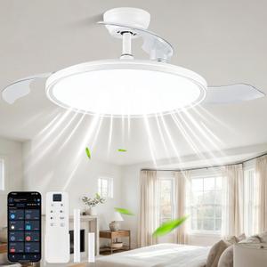 Bella Depot 42 Inch Retractable Ceiling Fan with Lights, Modern Dimmable Fandelier, Reversible DC Motor, 3CCT Full Spectrum LED, Remote & APP Control, White