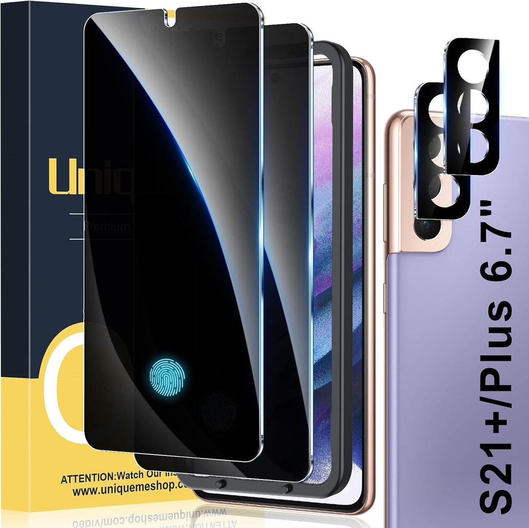 UniqueMe [2+2 Pack Compatible with Samsung Galaxy S21 Plus 6.7 inch Privacy Screen Protector and Camera Lens ProtectorSupport Fingerprint Unlock with Easy Installation ToolNot Glass7H Hardness (Black)