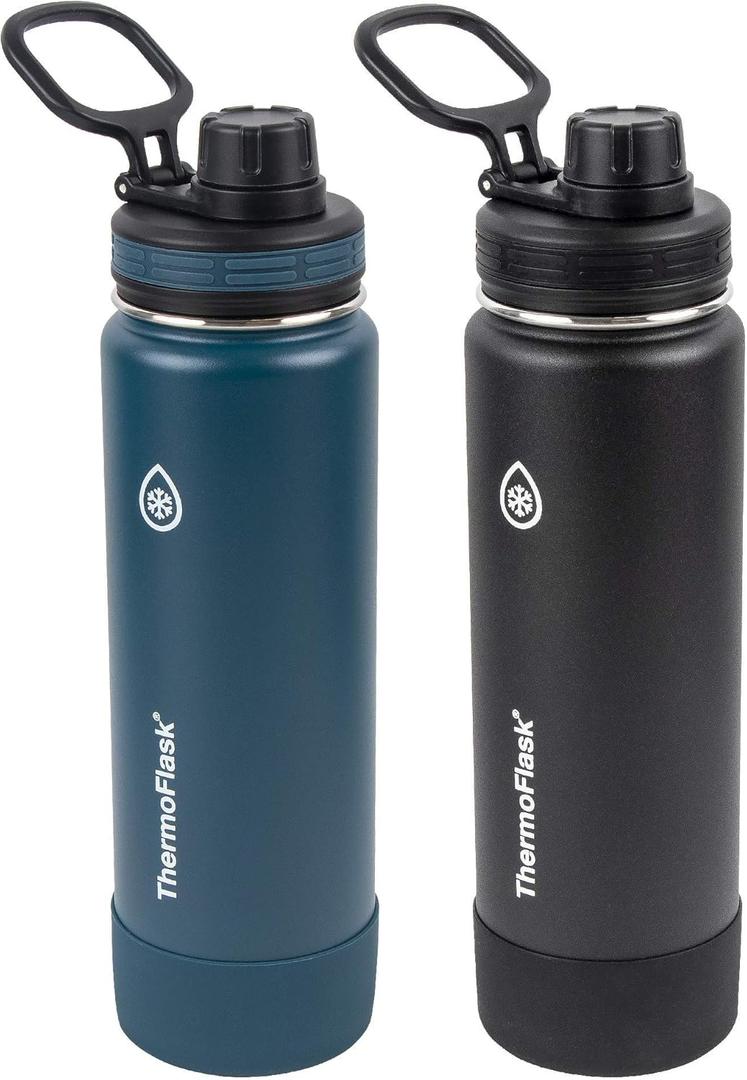 ThermoFlask Bottle with Spout Lid - Stainless Steel Water Bottles with Double-Wall Insulation & BPA-Free Spout Lids - Leak-Proof Reusable Bottles & Lids - 24 oz, Mayan Blue/Black (2 Pack)