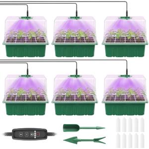 Pawfly 6 Pack Seed Starter Kit, 72 Cells, Seed Starter Trays with Adjustable Grow Lights & 3.9" Humidity Domes, Indoor Seedling Starter Trays, Reusable Plant Germination Trays, Seed Starting Trays