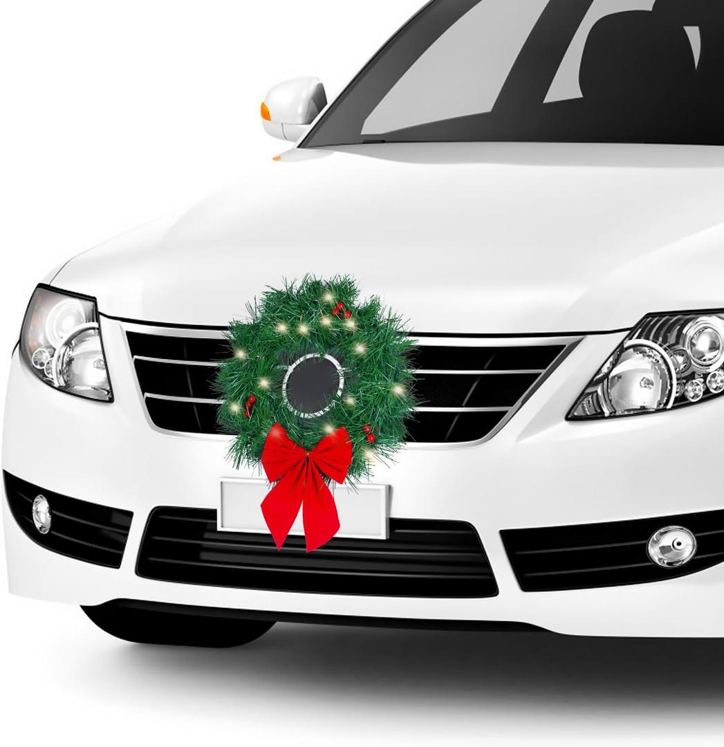 Christmas Car Decoration Wreath with Lights, Fits Car, Truck, SUV or Any Car, Mounting Equipment Included 
