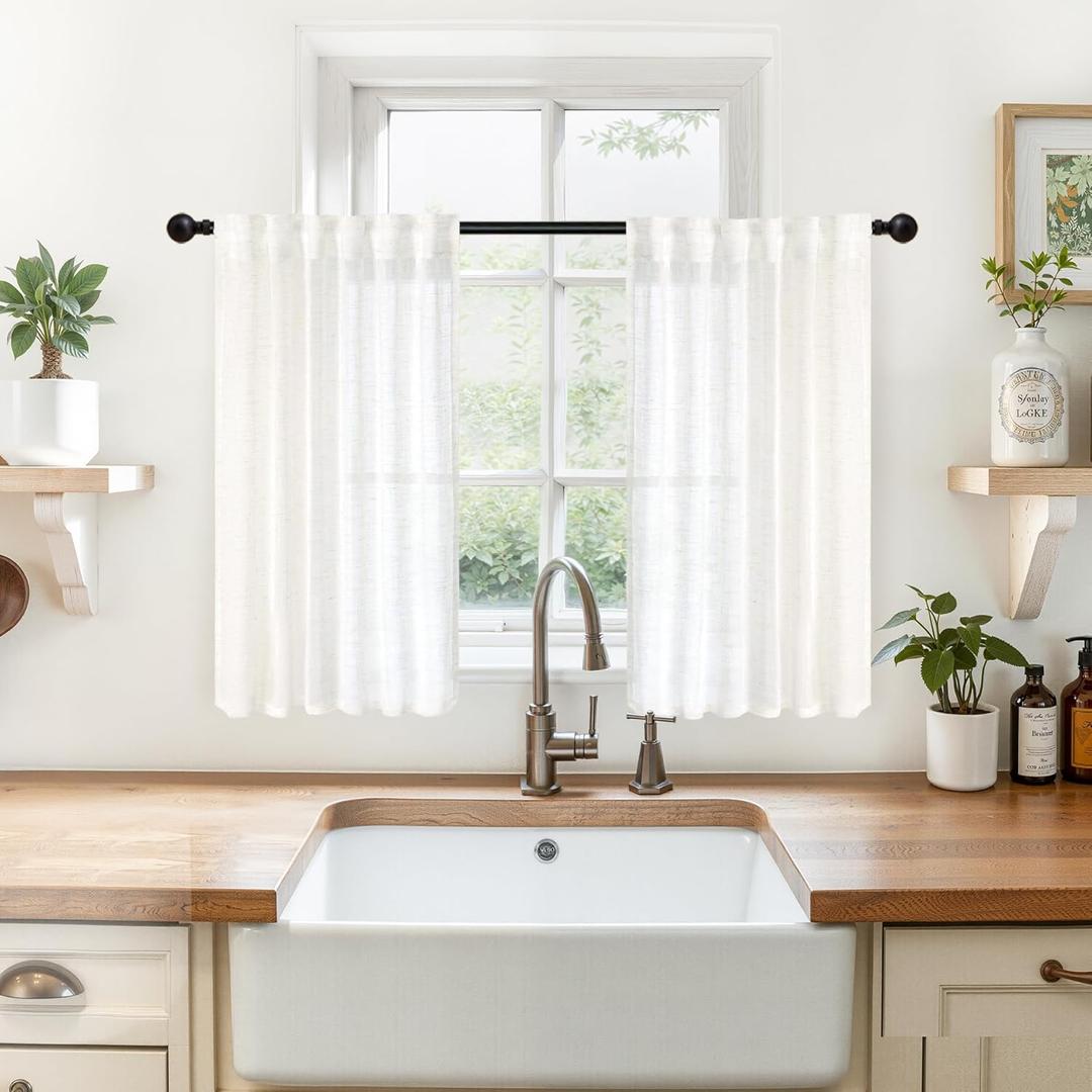 YoungsTex Linen Curtains 36 Inch Length for Kitchen Cafe Window, Small Half Drapes Textured Semi Sheer Light Filtering with Rod Pocket Back Tab for Bathroom, 2 Panels, 34 X 36 Inch (Ivory White)